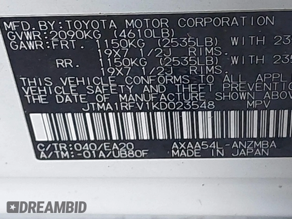 2019 Toyota RAV4 XLE Premium with VIN JTMA1RFV1KD023548, listed as a IAAI auction lot 41805406 with 75,501 mi miles. Bid and sale history available at carsss.com. Image 9.