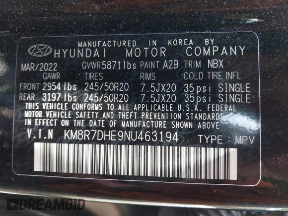 2022 Hyundai Palisade Calligraphy z VIN KM8R7DHE9NU463194, wystawiony jako IAAI lot #42415775 z przebiegiem 54 542 mil mil oraz . Historia ofert i sprzedaży dostępna na DreamBid. Obrazek 9.