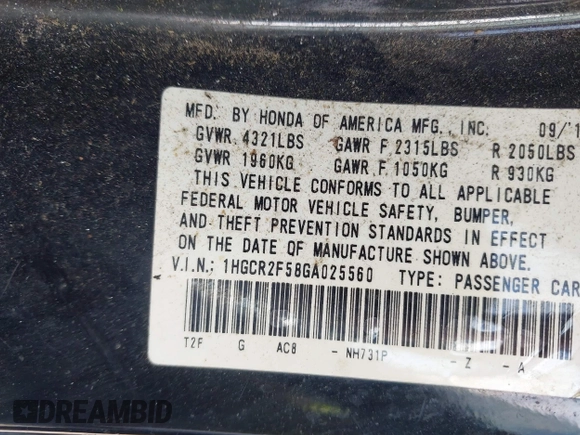 2016 Honda Accord Sport with VIN 1HGCR2F58GA025560, listed as a IAAI auction lot 42230380 with 178,148 mi miles and . Bid and sale history available at DreamBid. Image 9.