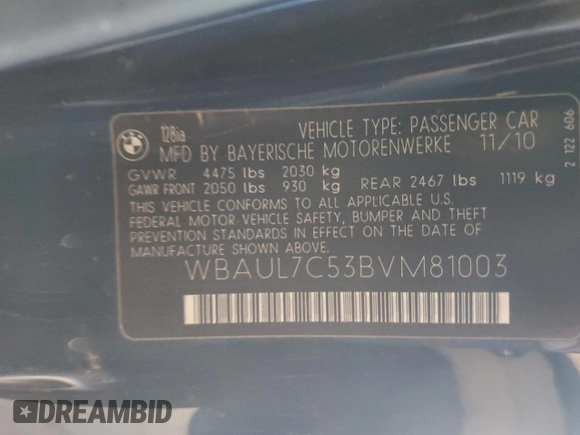 2011 BMW 1 Series 128i with VIN WBAUL7C53BVM81003, listed as a Copart auction lot 43986665 with Not provided miles and Salvage title. Bid and sale history available at DreamBid. Image 14.