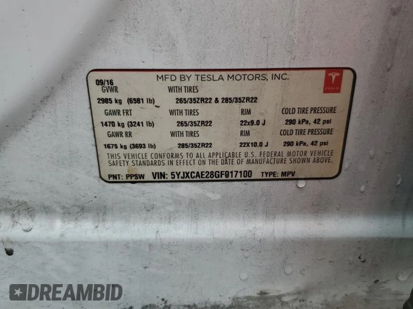 2016 Tesla Model X 70D with VIN 5YJXCAE28GF017100, listed as a Copart auction lot 50081235 with 126,962 mi miles and Salvage Title. Bid and sale history available at DreamBid. Image 15.