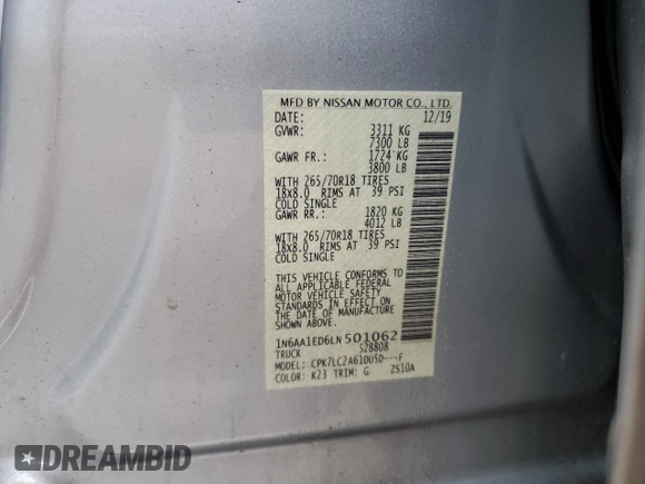 2020 Nissan Titan SL with VIN 1N6AA1ED6LN501062, listed as a Copart auction lot 48119575 with 46,228 mi miles and Salvage title. Bid and sale history available at DreamBid. Image 12.