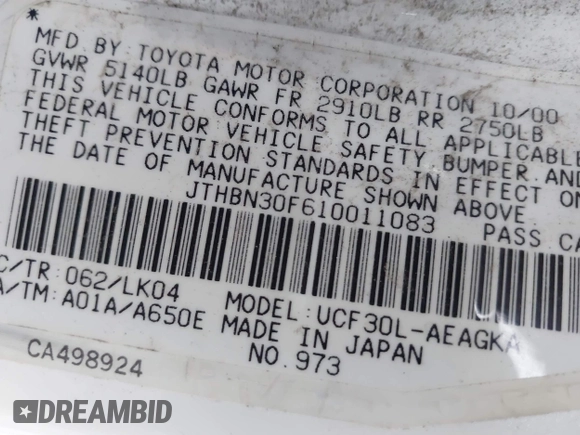 2001 Lexus LS 430 with VIN JTHBN30F610011083, listed as a IAAI auction lot 41914820 with 169,995 mi miles. Bid and sale history available at carsss.com. Image 9.