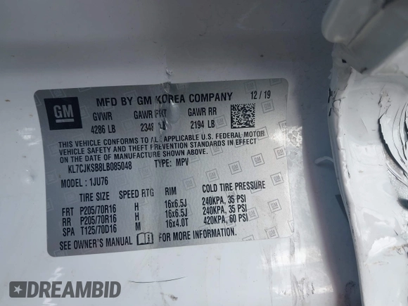 2020 Chevrolet Trax LS z VIN KL7CJKSB8LB085048, wystawiony jako IAAI lot #38242977 z przebiegiem 32 428 mil mil oraz . Historia ofert i sprzedaży dostępna na DreamBid. Obrazek 9.