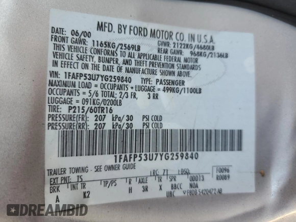 2000 Ford Taurus SE with VIN 1FAFP53U7YG259840, listed as a Copart auction lot 42412595 with 125,226 mi miles and Salvage Title. Bid and sale history available at DreamBid. Image 12.