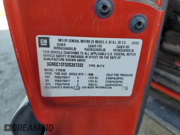 2002 Chevrolet Avalanche z VIN 3GNEC13T02G267332, wystawiony jako Copart lot #41855985 z przebiegiem Nie podano mil oraz Szkoda całkowita • Salvage title. Historia ofert i sprzedaży dostępna na DreamBid. Obrazek 14.