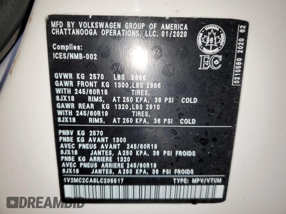 2020 Volkswagen Atlas SEL with VIN 1V2MC2CA5LC205517, listed as a Copart auction lot 53319024 with 38,037 mi miles and . Bid and sale history available at DreamBid. Image 13.