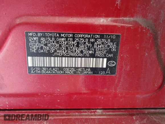 2011 Lexus IS 250 with VIN JTHCF5C29B5046176, listed as a Copart auction lot 56512275 with 132,329 mi miles and Salvage title. Bid and sale history available at DreamBid. Image 13.