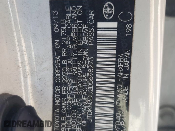 2013 Toyota Prius One with VIN JTDKN3DU2D5698273, listed as a Copart auction lot 52406715 with 127,697 mi miles and Salvage Title. Bid and sale history available at DreamBid. Image 12.
