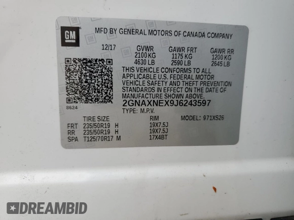 2018 Chevrolet Equinox Premier with VIN 2GNAXNEX9J6243597, listed as a Copart auction lot 51703585 with 46,727 mi miles and Clean Title. Bid and sale history available at carsss.com. Image 13.