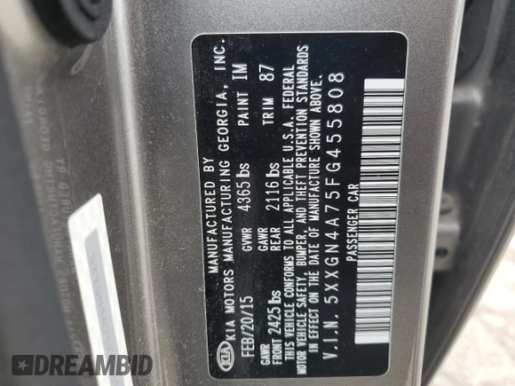 2015 Kia Optima EX with VIN 5XXGN4A75FG455808, listed as a Copart auction lot 60848114 with 130,643 mi miles and Salvage Title. Bid and sale history available at carsss.com. Image 12.