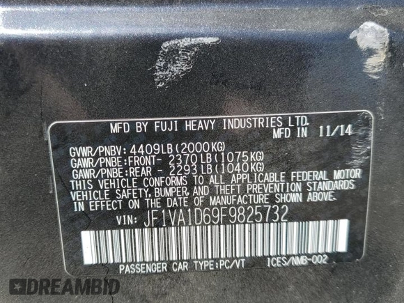 2015 Subaru WRX Premium with VIN JF1VA1D69F9825732, listed as a Copart auction lot 61079295 with 117,837 mi miles and Salvage title. Bid and sale history available at DreamBid. Image 12.