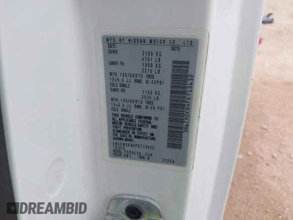 2015 Nissan NV200 SV with VIN 3N6CM0KN4FK715632, listed as a IAAI auction lot 41794500 with 156,495 mi miles. Bid and sale history available at carsss.com. Image 9.
