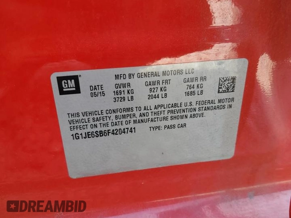2015 Chevrolet Sonic LTZ with VIN 1G1JE6SB6F4204741, listed as a Copart auction lot 62222065 with 110,643 mi miles and Clean title. Bid and sale history available at DreamBid. Image 13.
