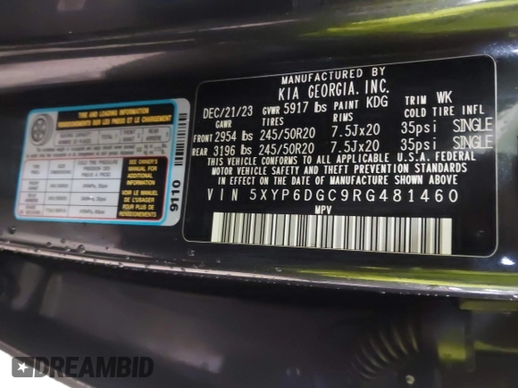 2024 Kia Telluride S with VIN 5XYP6DGC9RG481460, listed as a IAAI auction lot 42309411 with 14,182 mi miles and . Bid and sale history available at DreamBid. Image 9.