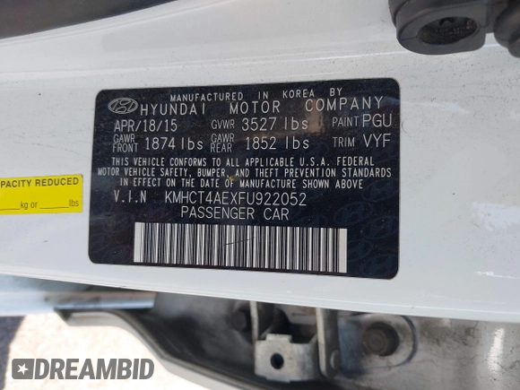 2015 Hyundai Accent GLS with VIN KMHCT4AEXFU922052, listed as a IAAI auction lot 41986823 with 106,134 mi miles and . Bid and sale history available at DreamBid. Image 9.
