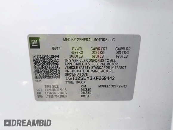 2019 GMC Sierra 2500HD Denali z VIN 1GT12SEY3KF269442, wystawiony jako IAAI lot #42231991 z przebiegiem 75 172 mil mil oraz . Historia ofert i sprzedaży dostępna na DreamBid. Obrazek 9.