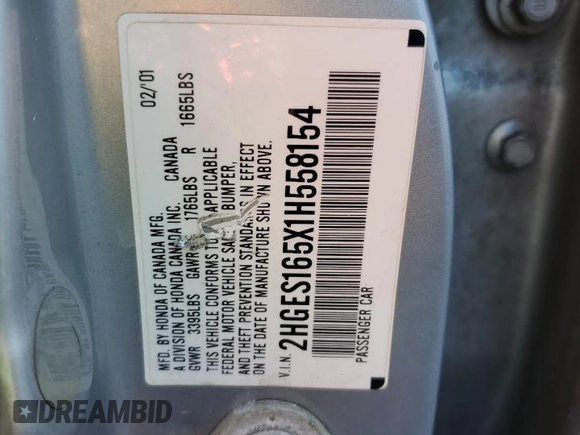 2001 Honda Civic LX with VIN 2HGES165X1H558154, listed as a Copart auction lot 52314305 with 197,640 mi miles and Salvage Title. Bid and sale history available at carsss.com. Image 12.