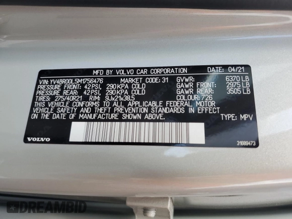 2021 Volvo XC90 Inscription Expression with VIN YV4BR00L5M1756476, listed as a Copart auction lot 58177035 with 45,699 mi miles and Salvage title. Bid and sale history available at DreamBid. Image 14.