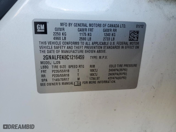 2012 Chevrolet Equinox LTZ with VIN 2GNALFEK8C1216459, listed as a Copart auction lot 42097085 with 143,290 mi miles and Salvage Title. Bid and sale history available at carsss.com. Image 16.
