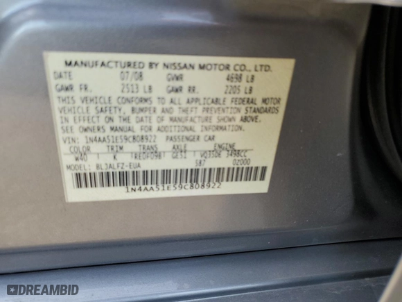 2009 Nissan Maxima 3.5 SV w/Premium Pkg with VIN 1N4AA51E59C808922, listed as a Copart auction lot 88106115 with 179,042 mi miles and Salvage Title. Bid and sale history available at carsss.com. Image 12.