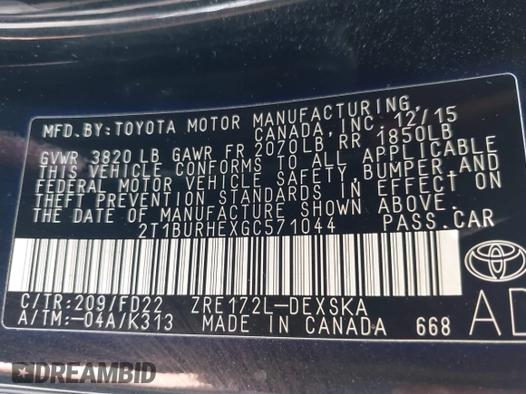 2016 Toyota Corolla L with VIN 2T1BURHEXGC571044, listed as a IAAI auction lot 42657671 with 200,259 mi miles and . Bid and sale history available at DreamBid. Image 9.