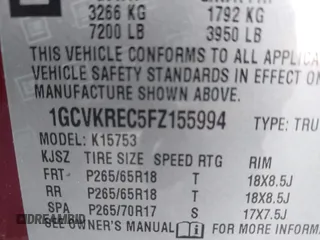 2015 Chevrolet Silverado 1500 LT with VIN 1GCVKREC5FZ155994, listed as a IAAI auction lot 41847261 with 1 mi miles. Bid and sale history available at carsss.com. Image 9.