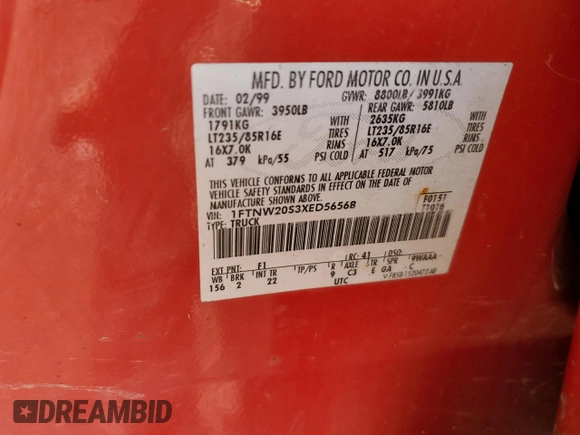 1999 Ford F-250 XL с VIN 1FTNW20S3XED56568, выставлен на аукционе Copart как лот 59005975 с пробегом 223 972 миль миль и Списание • Salvage title. История ставок и продаж доступна на DreamBid. Изображение 12.