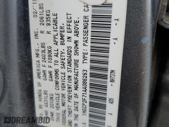 2010 Honda Accord EX z VIN 1HGCP2F71AA086263, wystawiony jako Copart lot #57117655 z przebiegiem 147 710 mil mil oraz Szkoda całkowita • Salvage title. Historia ofert i sprzedaży dostępna na DreamBid. Obrazek 13.
