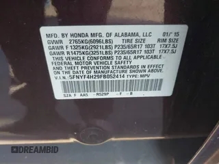 2015 Honda Pilot LX with VIN 5FNYF4H29FB052414, listed as a IAAI auction lot 41087393 with Not Provided miles. Bid and sale history available at carsss.com. Image 9.
