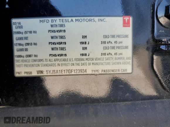 2016 Tesla Model S 70 with VIN 5YJSA1E17GF123934, listed as a Copart auction lot 55202865 with 132,027 mi miles and Salvage title. Bid and sale history available at DreamBid. Image 12.