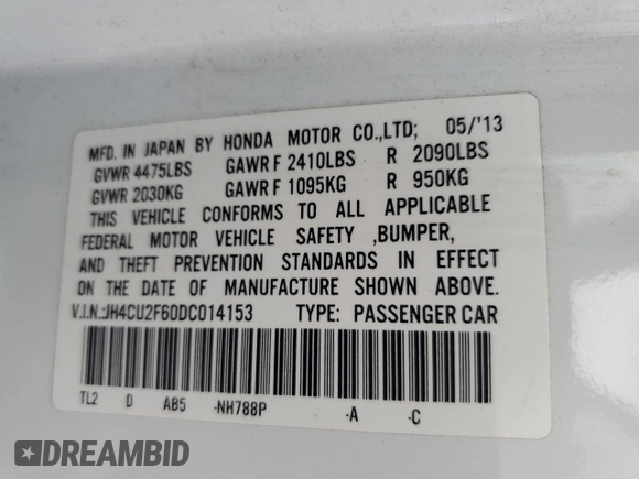2013 Acura TSX Technology with VIN JH4CU2F60DC014153, listed as a Copart auction lot 62101505 with 129,712 mi miles and Salvage title. Bid and sale history available at DreamBid. Image 12.