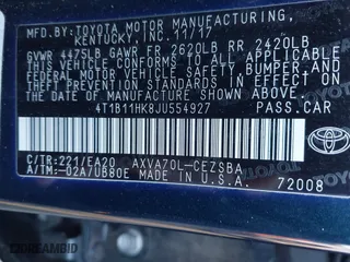 2018 Toyota Camry LE with VIN 4T1B11HK8JU554927, listed as a IAAI auction lot 41628449 with 152,942 mi miles. Bid and sale history available at carsss.com. Image 9.