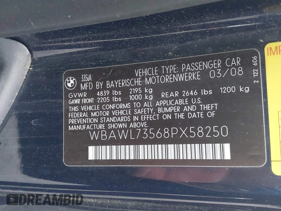 2008 BMW 3 Series 335i with VIN WBAWL73568PX58250, listed as a IAAI auction lot 42174590 with 173,527 mi miles and . Bid and sale history available at carsss.com. Image 9.