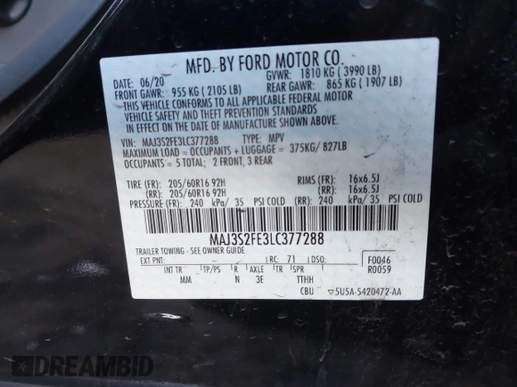 2020 Ford EcoSport S with VIN MAJ3S2FE3LC377288, listed as a IAAI auction lot 41344518 with 61,559 mi miles and . Bid and sale history available at DreamBid. Image 9.