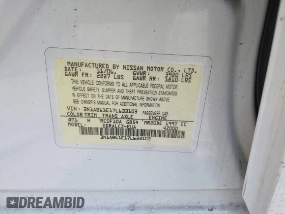 2007 Nissan Sentra S с VIN 3N1AB61E17L633103, выставлен на аукционе IAAI как лот 42248807 с пробегом 72 375 миль миль и . История ставок и продаж доступна на DreamBid. Изображение 9.