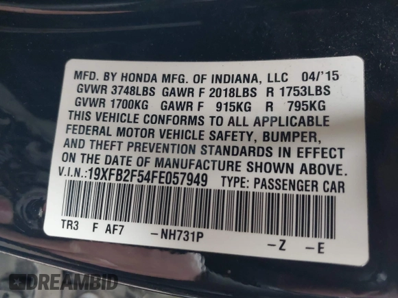 2015 Honda Civic Sedan LX with VIN 19XFB2F54FE057949, listed as a IAAI auction lot 41990069 with 174,000 mi miles. Bid and sale history available at carsss.com. Image 9.