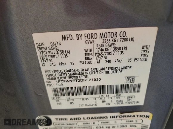 2013 Ford F-150 XL with VIN 1FTFW1ET2DKF21930, listed as a Copart auction lot 59563215 with 73,044 mi miles and Salvage title. Bid and sale history available at DreamBid. Image 12.