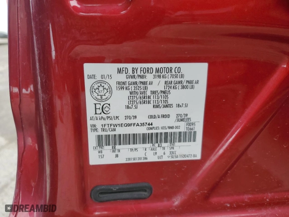 2015 Ford F-150 XLT w/HD Payload Pkg with VIN 1FTFW1EG9FFA35744, listed as a Copart auction lot 51133275 with 128,006 mi miles and Salvage Title. Bid and sale history available at carsss.com. Image 12.