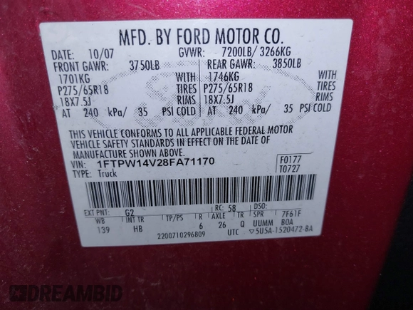 2008 Ford F-150 XLT with VIN 1FTPW14V28FA71170, listed as a IAAI auction lot 41456540 with 157,281 mi miles. Bid and sale history available at carsss.com. Image 9.