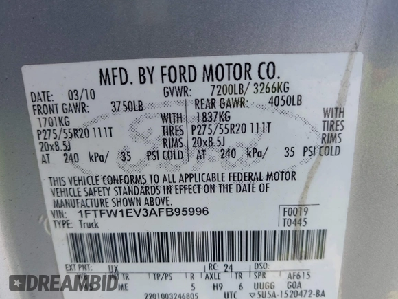2010 Ford F-150 XL z VIN 1FTFW1EV3AFB95996, wystawiony jako IAAI lot #41496697 z przebiegiem 240 478 mil mil oraz . Historia ofert i sprzedaży dostępna na DreamBid. Obrazek 9.