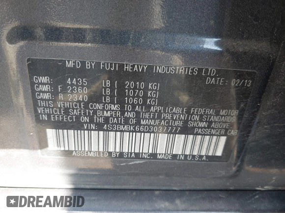 2013 Subaru Legacy Limited с VIN 4S3BMBK66D3037777, выставлен на аукционе IAAI как лот 41984589 с пробегом 210 925 миль миль и . История ставок и продаж доступна на DreamBid. Изображение 9.