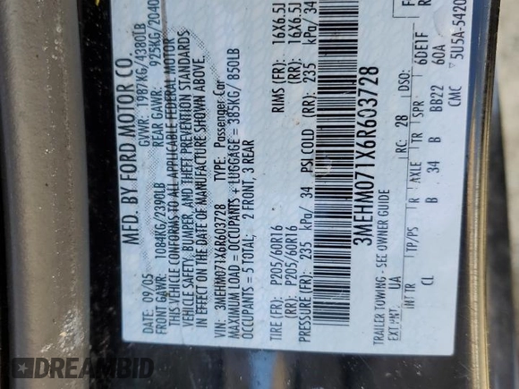 2006 Mercury Milan с VIN 3MEHM071X6R603728, выставлен на аукционе Copart как лот 48138105 с пробегом Не указан миль и Списание • Salvage title. История ставок и продаж доступна на DreamBid. Изображение 12.