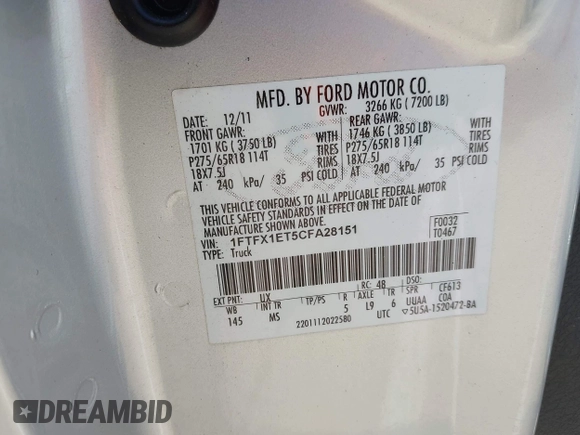 2012 Ford F-150 XL z VIN 1FTFX1ET5CFA28151, wystawiony jako IAAI lot #42457035 z przebiegiem 118 943 mil mil oraz . Historia ofert i sprzedaży dostępna na DreamBid. Obrazek 9.