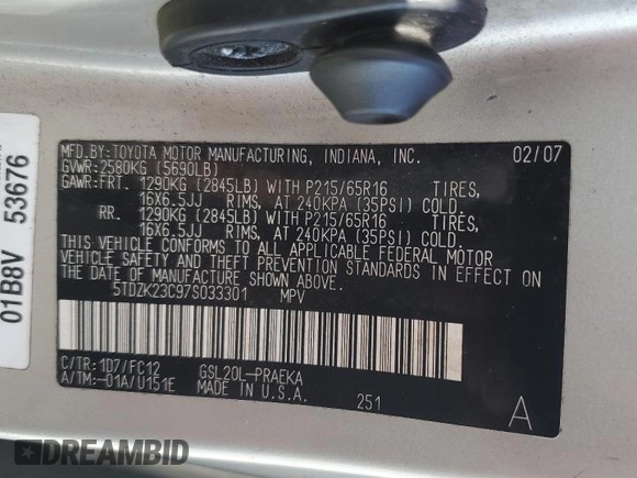 2007 Toyota Sienna CE with VIN 5TDZK23C97S033301, listed as a Copart auction lot 55617625 with 242,491 mi miles and Clean Title. Bid and sale history available at carsss.com. Image 13.