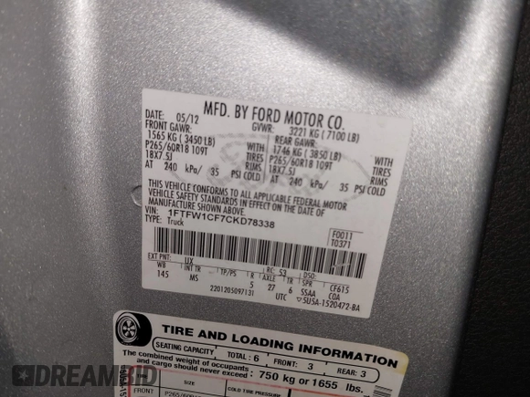 2012 Ford F-150 XL with VIN 1FTFW1CF7CKD78338, listed as a IAAI auction lot 41184780 with 1 mi miles. Bid and sale history available at carsss.com. Image 9.
