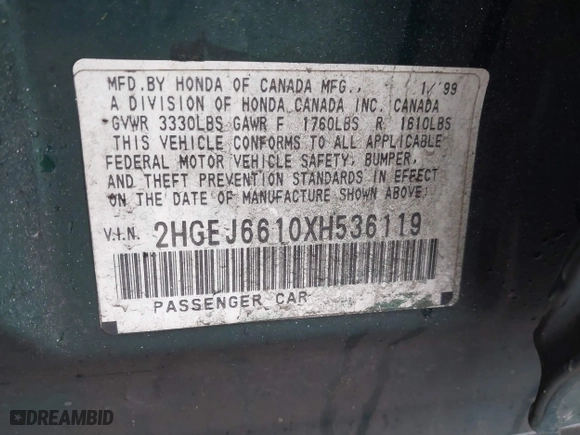 1999 Honda Civic VP with VIN 2HGEJ6610XH536119, listed as a IAAI auction lot 41524332 with 160,471 mi miles. Bid and sale history available at carsss.com. Image 9.