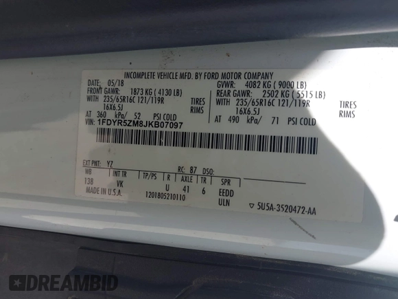 2018 Ford Transit with VIN 1FDYR5ZM8JKB07097, listed as a IAAI auction lot 42511399 with 43,004 mi miles and . Bid and sale history available at DreamBid. Image 9.