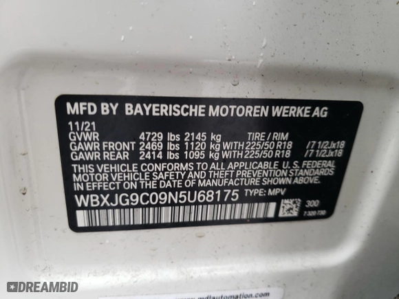2022 BMW X1 xDrive28i with VIN WBXJG9C09N5U68175, listed as a Copart auction lot 47750845 with 42,521 mi miles and Salvage Title. Bid and sale history available at carsss.com. Image 12.