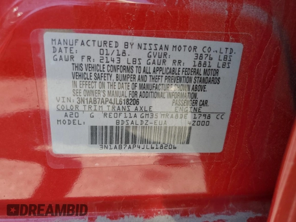 2018 Nissan Sentra SV with VIN 3N1AB7AP4JL618206, listed as a Copart auction lot 51290705 with 91,403 mi miles and Salvage Title. Bid and sale history available at DreamBid. Image 12.